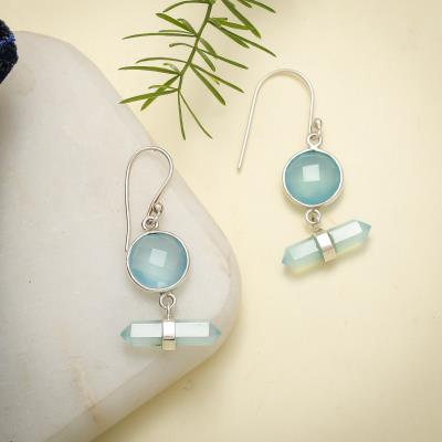 Bezel Set Aqua Chalcedony Sterling Silver Earring