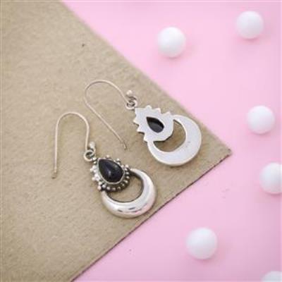 Crescent Moon Sterling Silver Black Onyx Earring