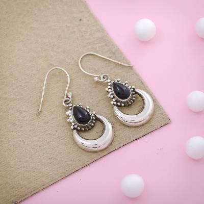 Crescent Moon Sterling Silver Black Onyx Earring