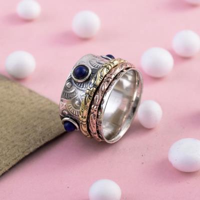Lapis Lazuli Gemstone 3 Tone Silver Spinner Ring