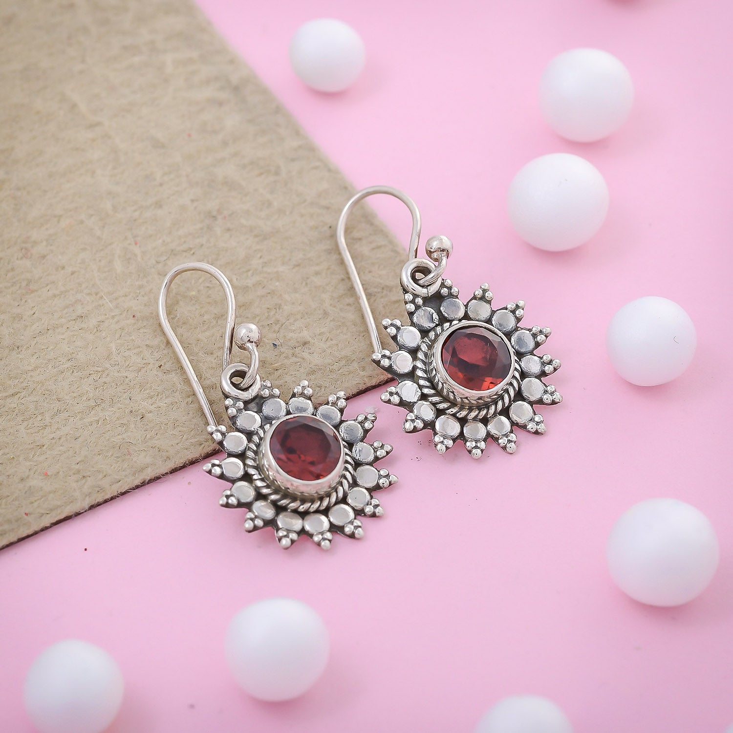 Red Garnet Gemstone Silver Fine Earring