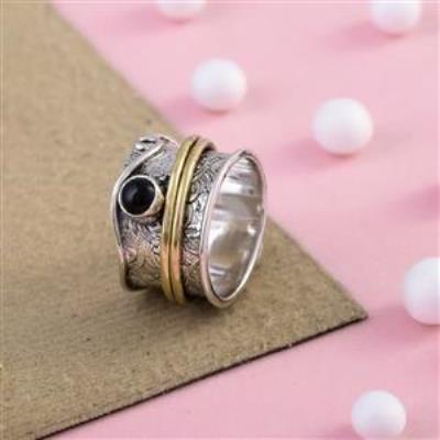 Textured Look Sterling Silver Black Onyx Spinner Ring