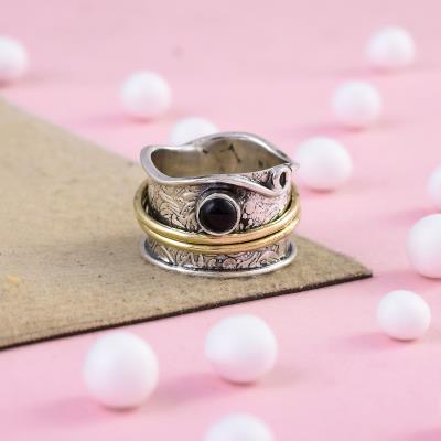 Textured Look Sterling Silver Black Onyx Spinner Ring