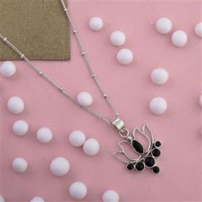 Lotus Design Sterling Silver Black Onyx Pendant