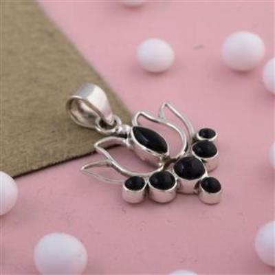 Lotus Design Sterling Silver Black Onyx Pendant
