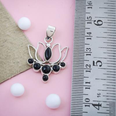Lotus Design Sterling Silver Black Onyx Pendant