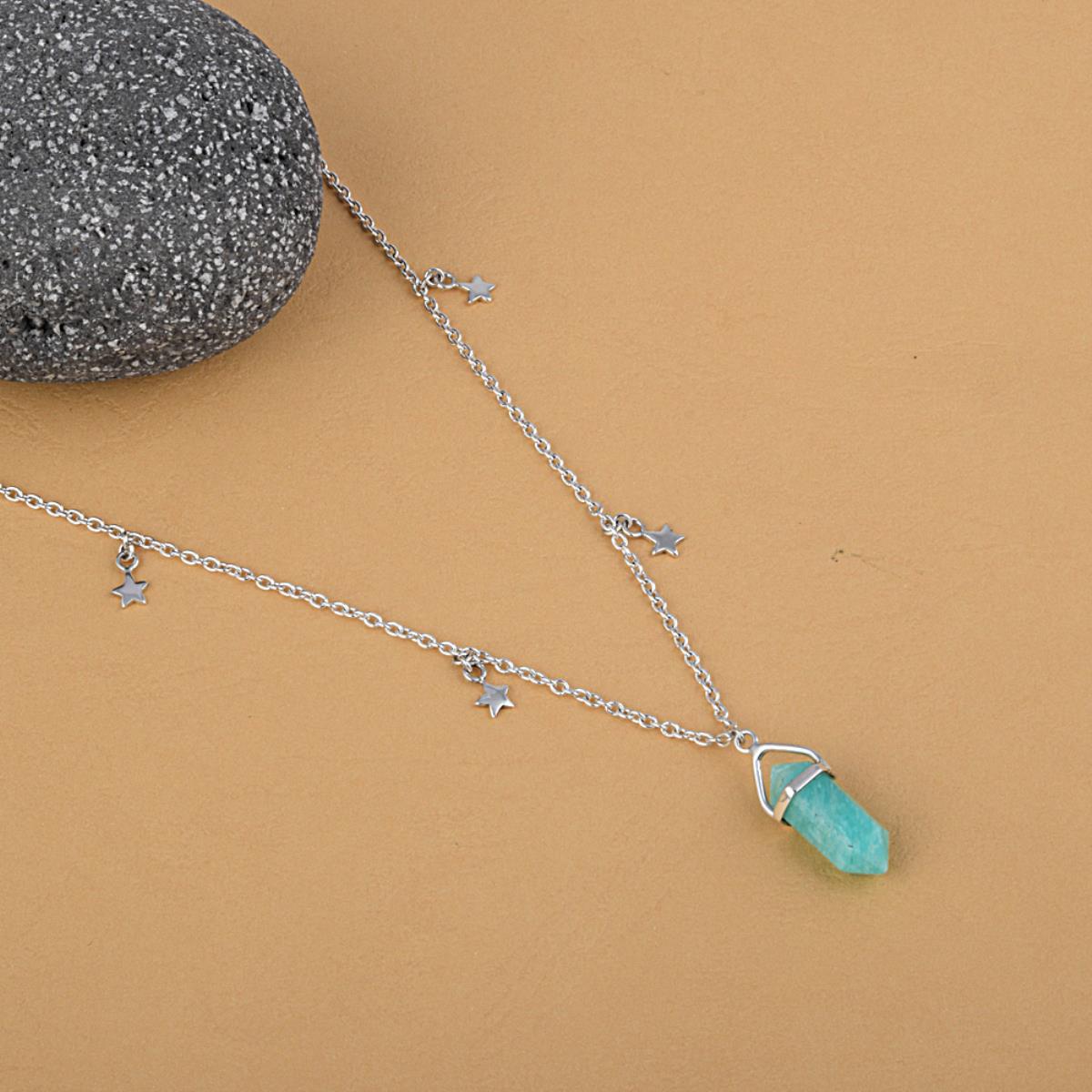 Natural Amazonite Pencil Shape 925 Sterling Silver Reiki Point Pendulum Pendant Necklace With Star Charms On The Chain
