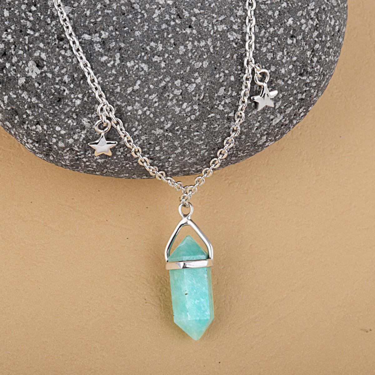 Natural Amazonite Pencil Shape 925 Sterling Silver Reiki Point Pendulum Pendant Necklace With Star Charms On The Chain