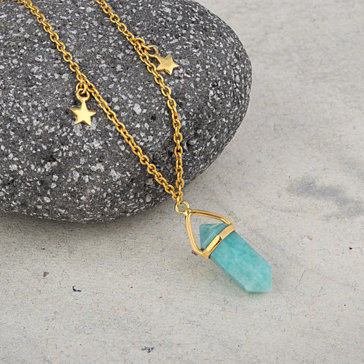 Natural Amazonite Pencil Shape 925 Sterling Silver Reiki Point Pendulum Pendant Necklace With Star Charms On The Chain